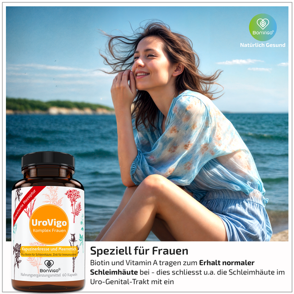 UroVigo Frauen mit Kapuzinerkresse, Meerrettich, Vitamine für Blase/Harnwege - BonVigo® Natürlich Gesund