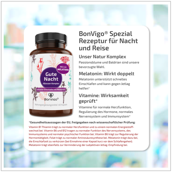 Inhaltsstoffe und Wirkung der Gute Nacht Kapseln - Melatonin, Baldrian, Passionsblume
