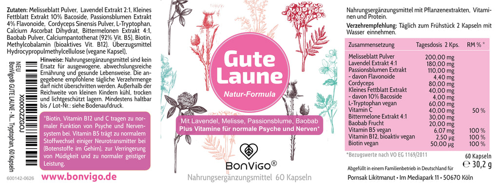 BonVigo® Gute Laune Kapseln, Etikett  - Rezeptur mit  Lavendel, Melisse, Passionsblume und Vitamin B12 für normale Psyche