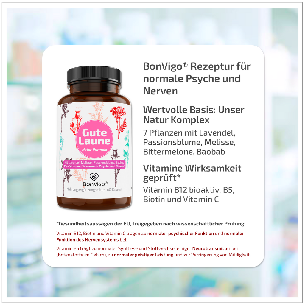 BonVigo Gute Laune Kapseln Vitamin für Normale Psyche und Nerven - Pflanzenextrakte und Mikronährstoffe