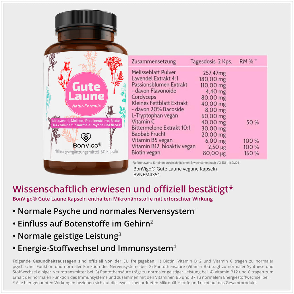 BonVigo® Gute Laune Kapseln, Dose mit Etikett wissenschaftlich erwiesene Wirkungen, Psyche Nerven Immunsystem