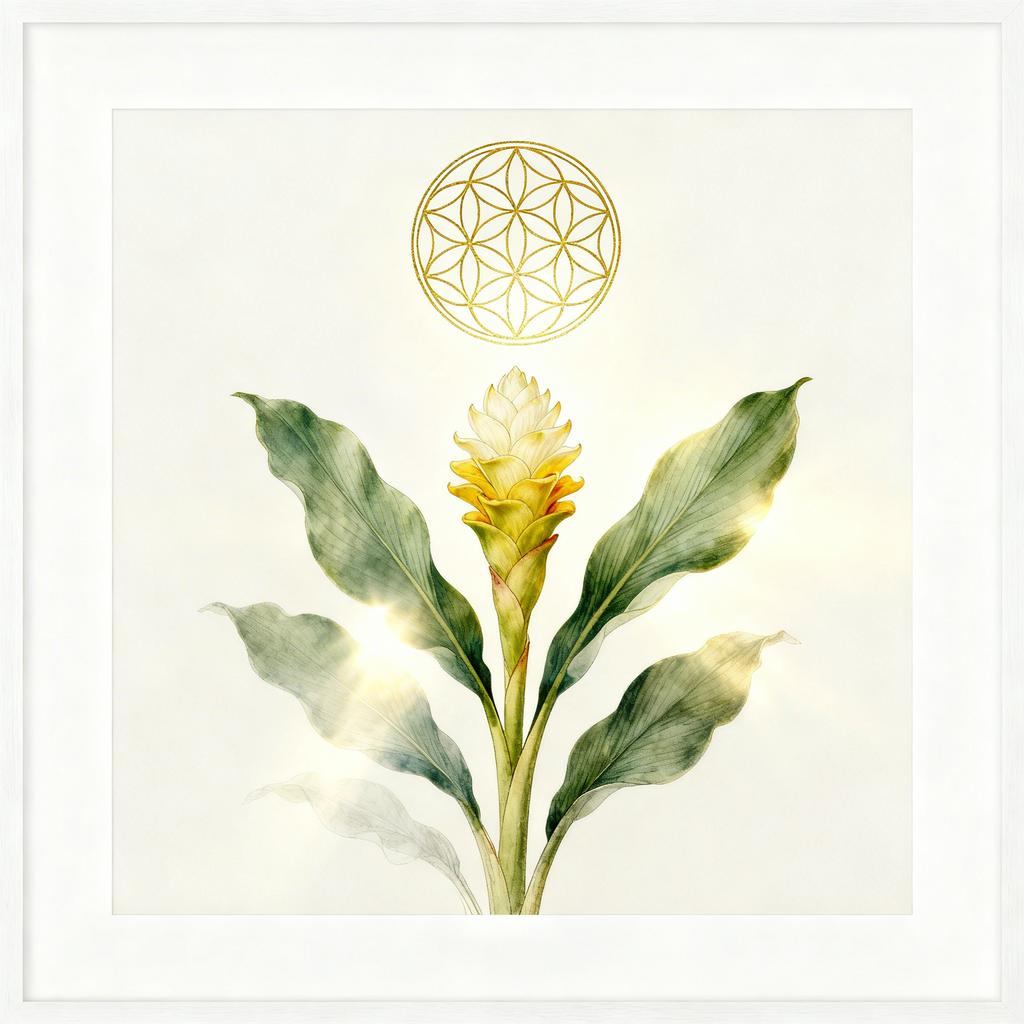 Aquarell-Illustration einer Kurkuma-Pflanze mit goldgelber Blüte und grünen Blättern, darüber schwebt das Symbol der Blume des Lebens in goldener heiliger Geometrie