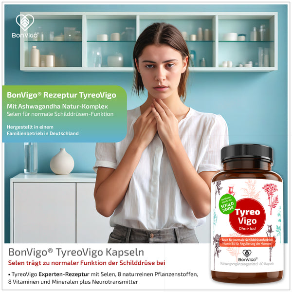 TyreoVigo Pflanzen Konzentrat mit Selen zur Unterstützung der Schilddrüse - Ashwagandha, Yams, Bärlauch, Tyrosin, Zink, Eisen, Vitamin A-D-E - BonVigo® Natürlich Gesund