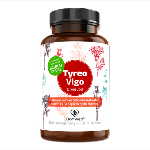 TyreoVigo Pflanzen Konzentrat mit Selen zur Unterstützung der Schilddrüse - Ashwagandha, Yams, Bärlauch, Tyrosin, Zink, Eisen, Vitamin A-D-E - BonVigo® Natürlich Gesund